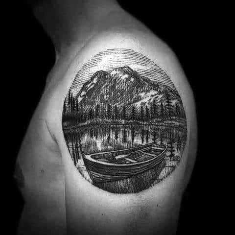 Tattoo uploaded by JenTheRipper • Mountain tattoo by Marie-Christine  Gauthier #MarieChristineGauthier #monochrome #monochromatic #blackwork  #dotwork #mountain #forest #lake #crystal • Tattoodo